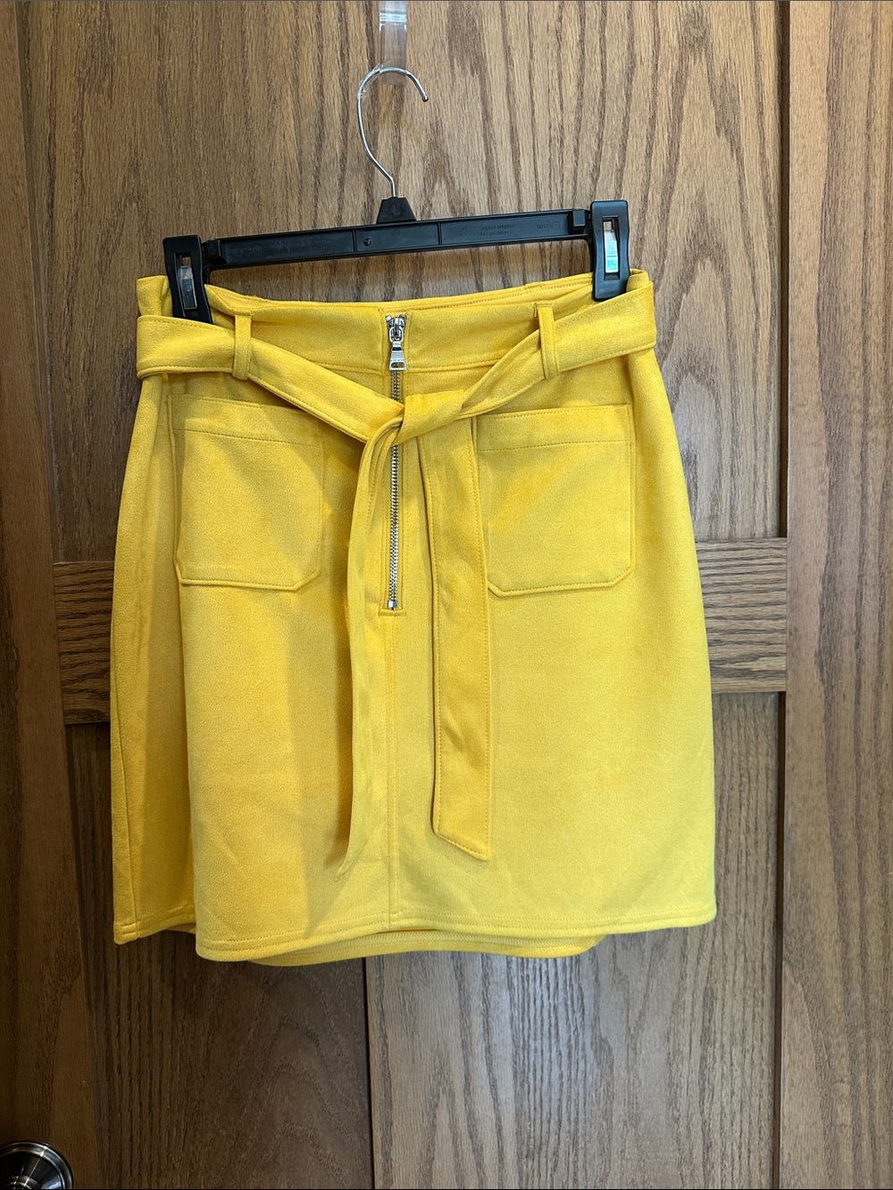 Express mustard yellow Belted Mini Skirt with Front Zipper. Suede like material.